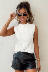 White Pearl High Neck Textured Knit Sweater Vest