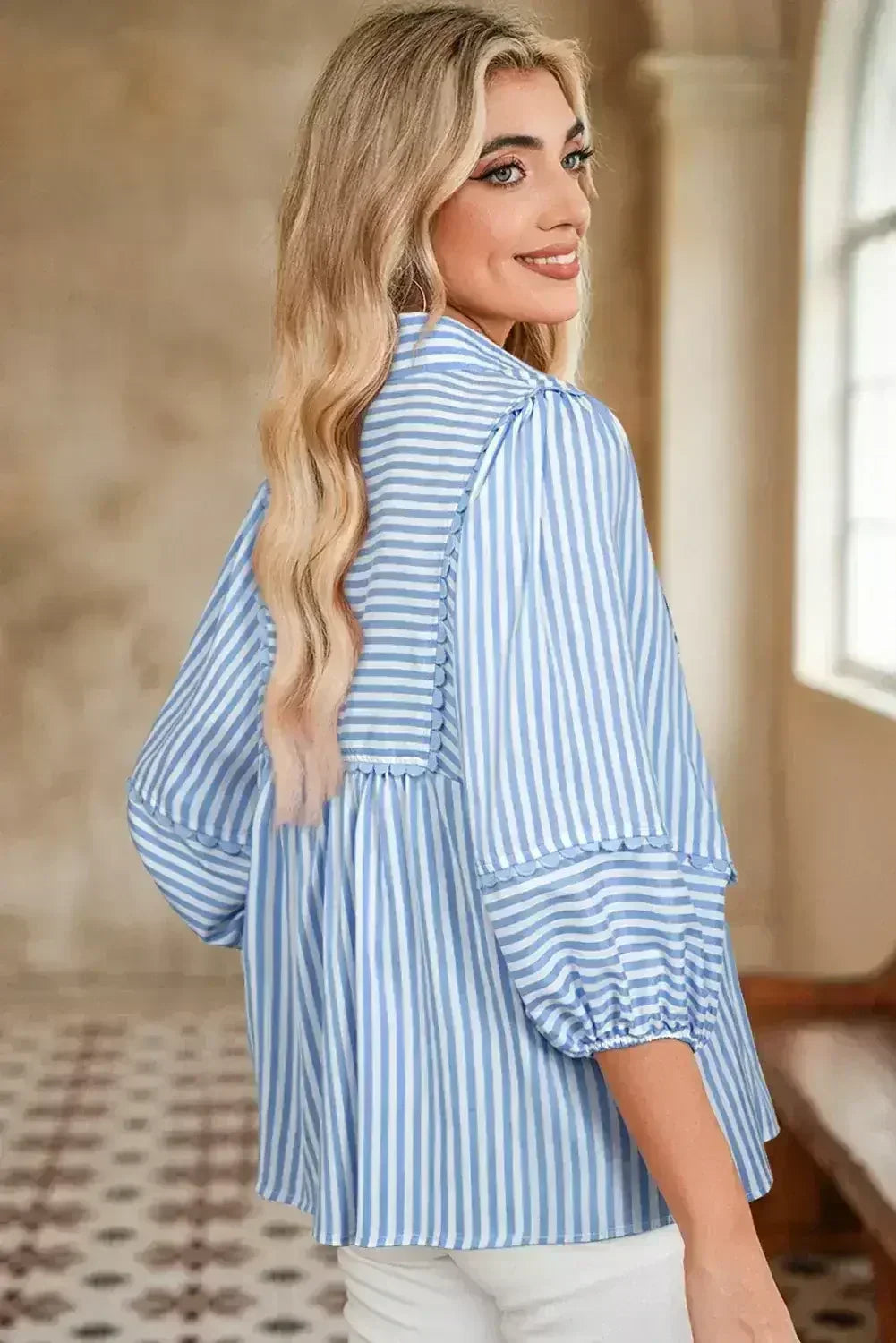 Sky Blue Striped Ric Rac Trim Collared V Neck Blouse - Femstylo