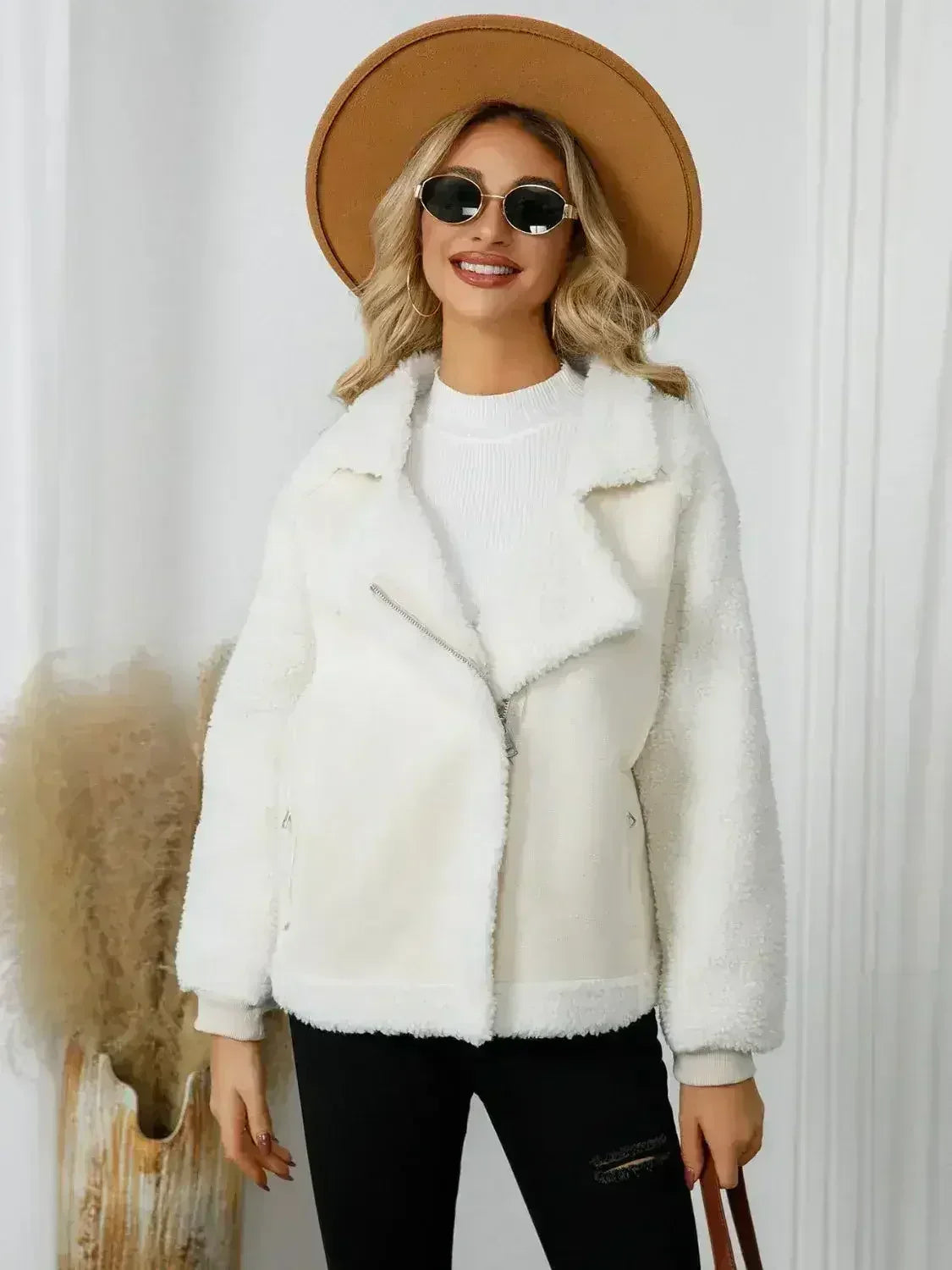 Pocketed Sherpa Zip Up Long Sleeve Jacket - Femstylo