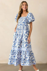 Sky Blue Floral Print Square Neck Bubble Sleeve High Waist Maxi Dress - Femstylo