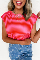 Black Stripe Ribbed Cap Sleeve Round Neck T Shirt