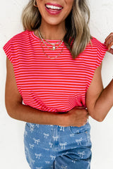 Black Stripe Ribbed Cap Sleeve Round Neck T Shirt