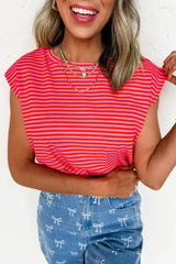 Black Stripe Ribbed Cap Sleeve Round Neck T Shirt - Femstylo