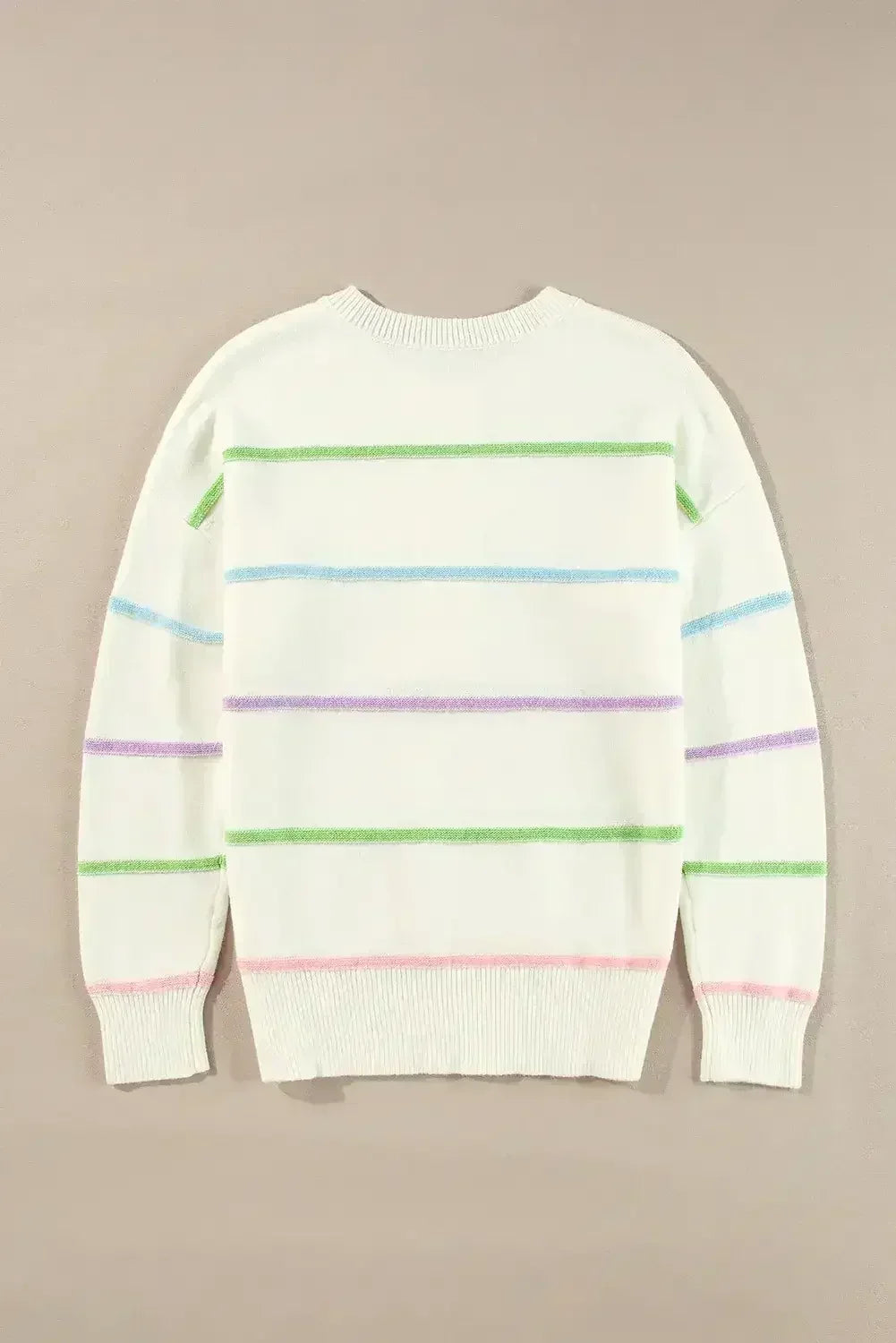 White Rainbow Striped Drop Sleeve Henley Sweater - Femstylo