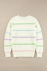 White Rainbow Striped Drop Sleeve Henley Sweater - Femstylo
