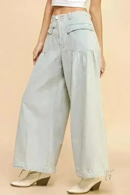 Davi & Dani Drawstring Hem Wide Leg Mid Rise Jeans - Femstylo