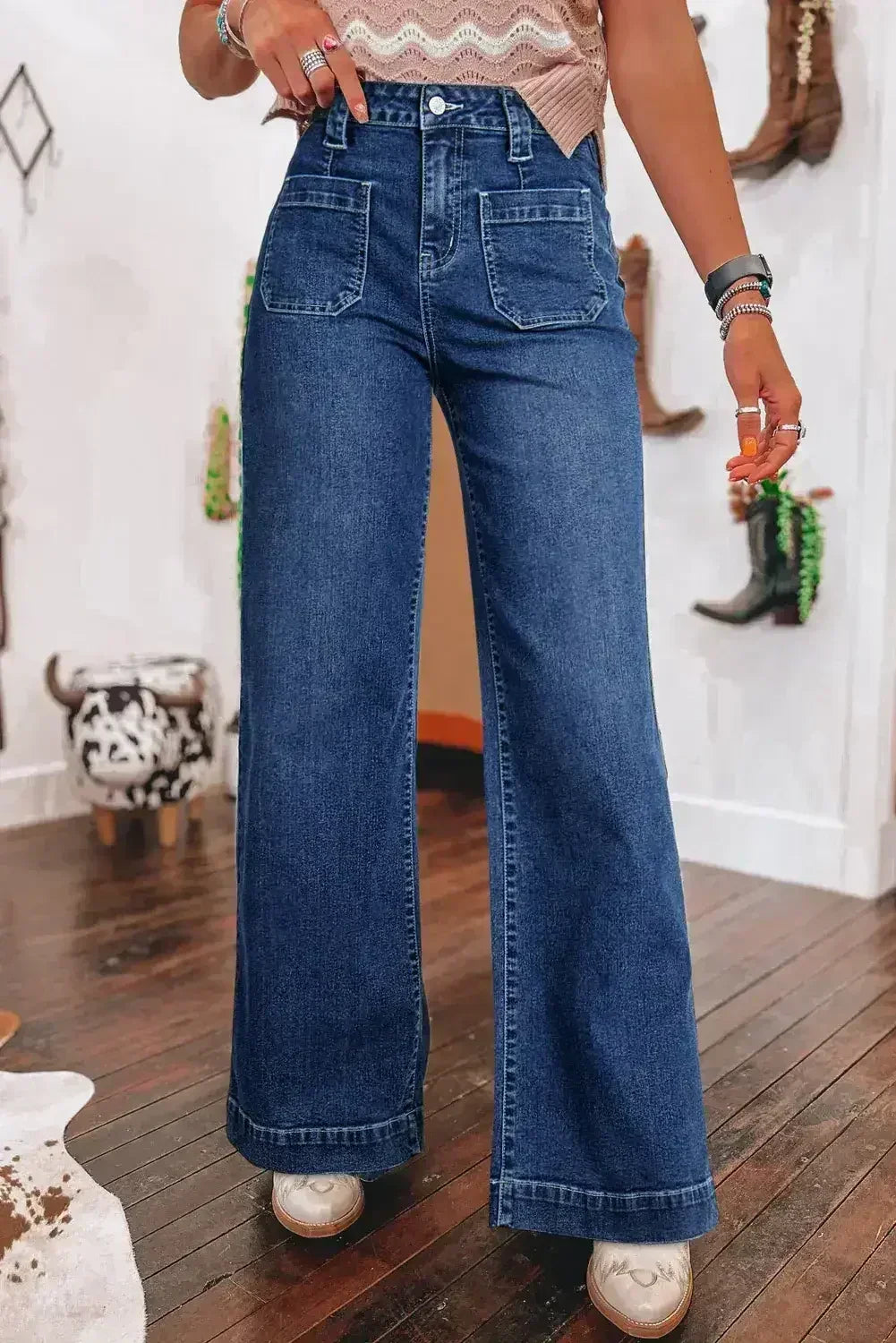 Sail Blue Wide Leg Pocketed High Waist Jeans - Femstylo