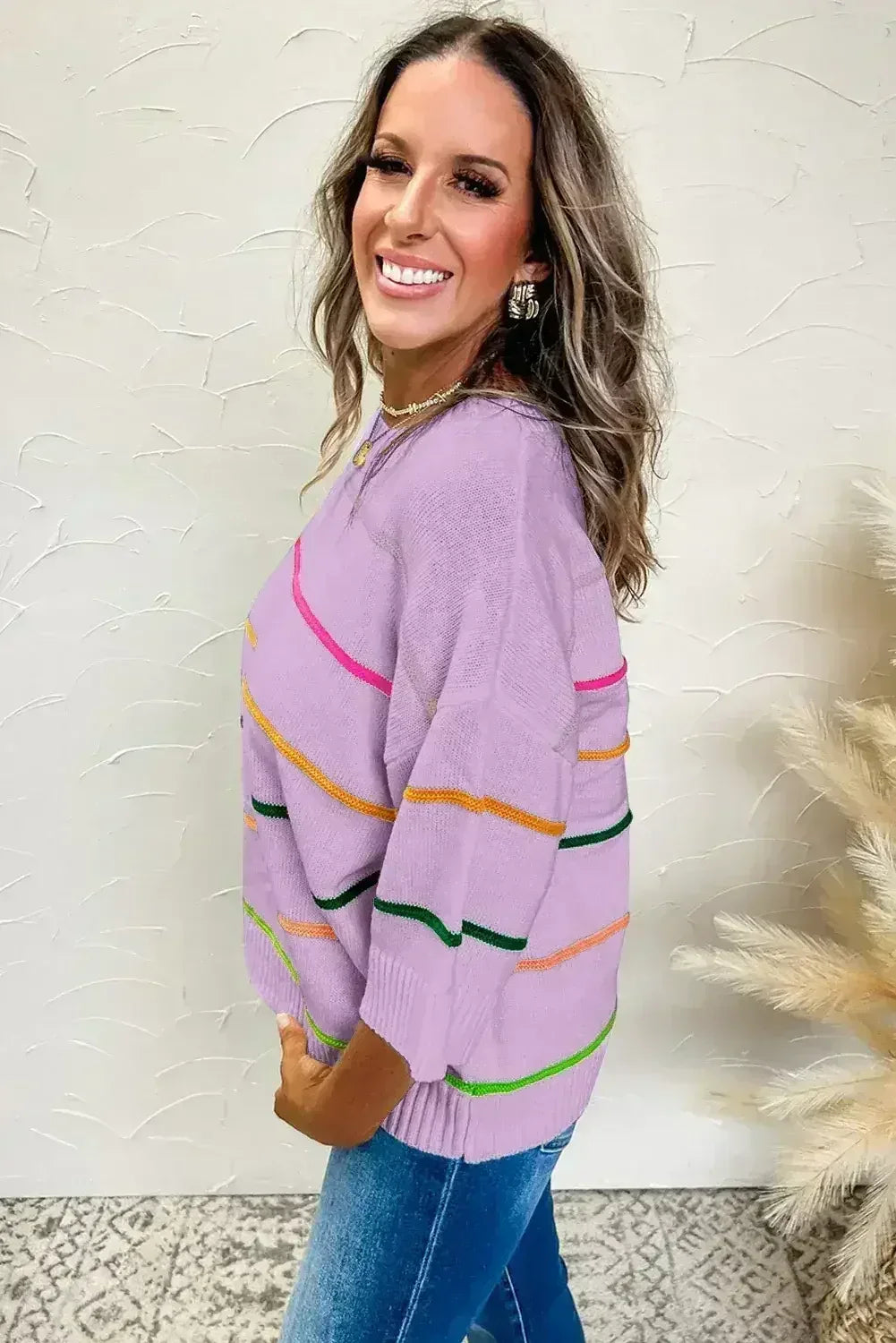 White Striped Half Sleeve Drop Shoulder Sweater - Femstylo