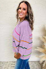 White Striped Half Sleeve Drop Shoulder Sweater - Femstylo