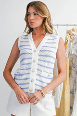 Sky Blue Striped V Neck Button Knit Vest