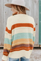 Crew Neck Drop-shoulder Striped Color Block Sweater - Femstylo