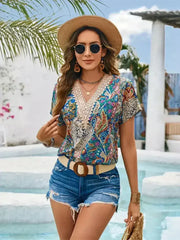 Sky Blue Printed V-Neck Short Sleeve Blouse | Femstylo - Femstylo