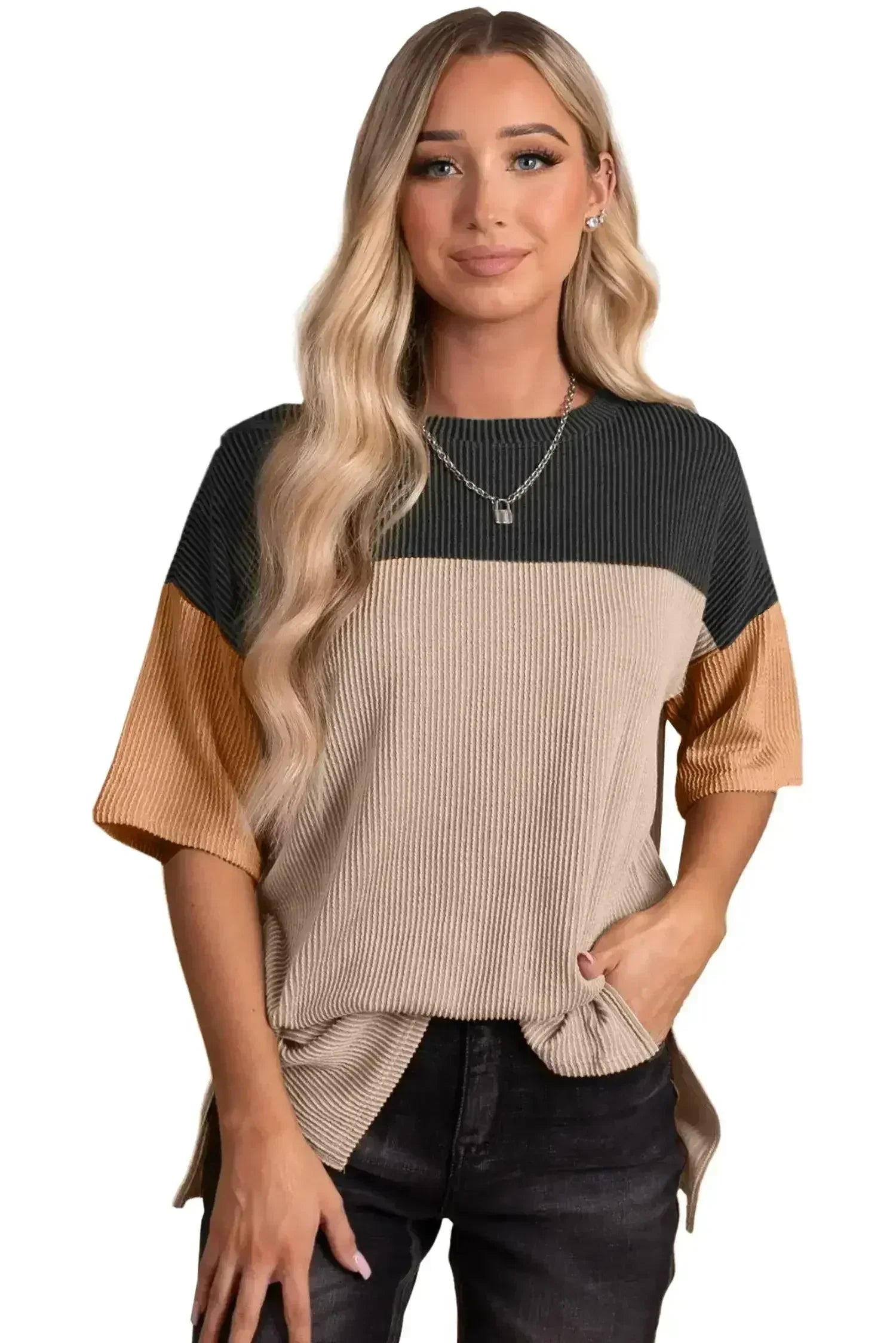 Black Color Block Ribbed Side Slits Half Sleeve Top - Femstylo