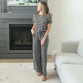 Stripe Jumpsuit Elastic Waist Back Keyhole - Femstylo