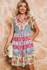 Rose Floral Ethnic Print Ruffle Mini Dress - Femstylo