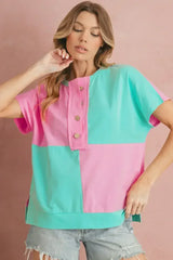 Mint Green Colorblock Half Buttons Henley T Shirt - Femstylo