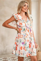 Pink Floral Ruffle Sleeve V Neck High Waist Mini Dress - Femstylo