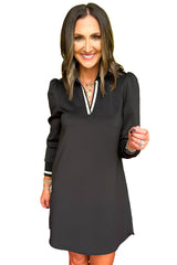 Black Striped Trim V Neck Collared Puff Sleeve Mini Dress