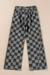 Dusk Blue Checkered Light Washed Wide Leg Jeans - Femstylo