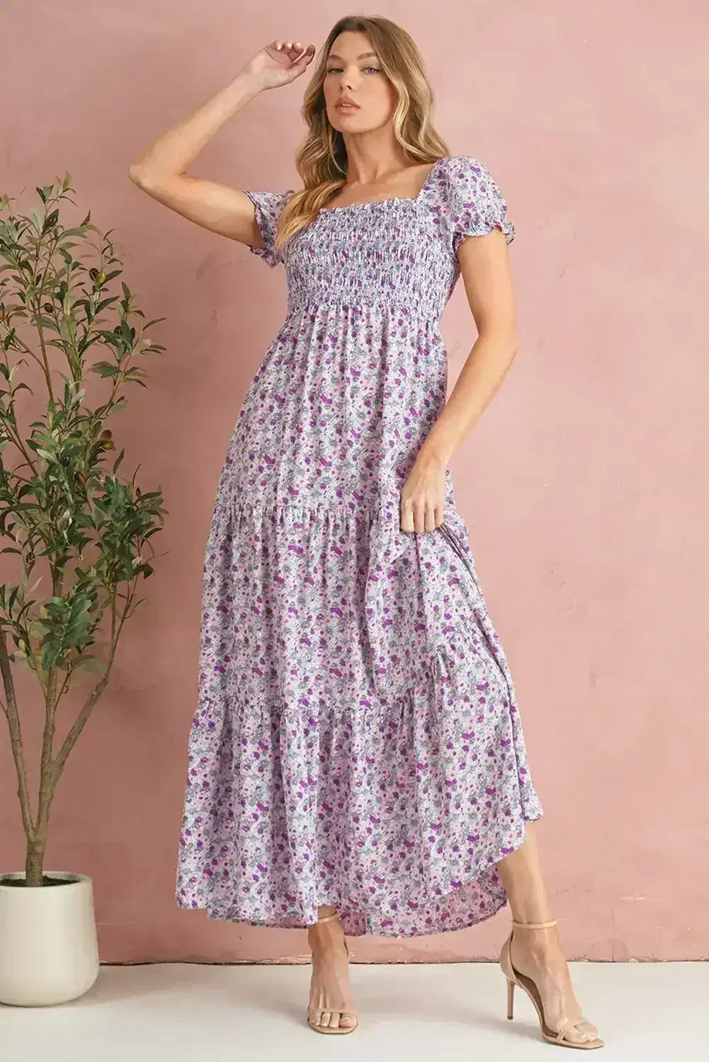Purple Floral Short Bubble Sleeve Smocked High Waist Maxi Dress - Femstylo