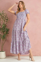 Purple Floral Short Bubble Sleeve Smocked High Waist Maxi Dress - Femstylo