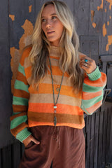 Orange Striped Colorblock High Neck Drop Shoulder Cozy Sweater