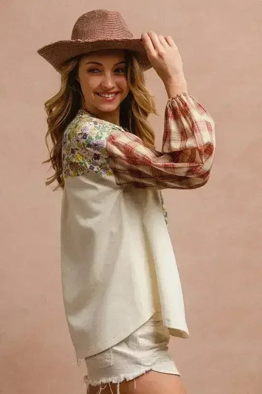 BiBi Floral Notched Plaid Balloon Sleeve Top - Femstylo