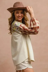 BiBi Floral Notched Plaid Balloon Sleeve Top - Femstylo