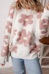 White Vintage Flower Drop Shoulder Loose Sweater - Femstylo