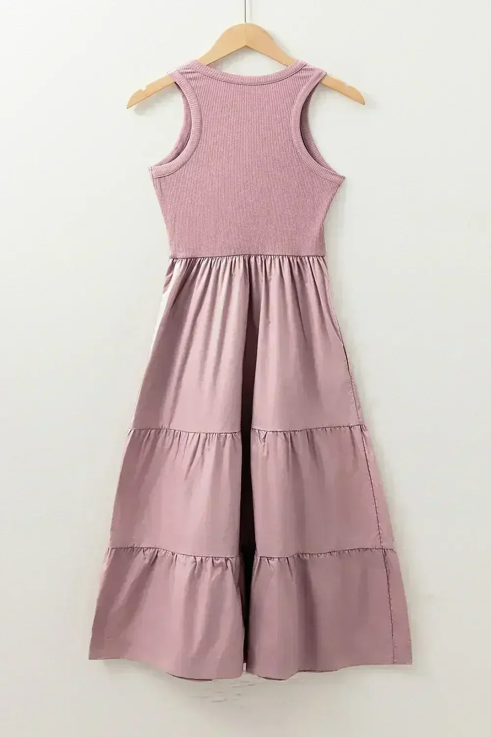 Sepia Rose Ribbed Vest Patchwork Tiered Midi Dress - Femstylo