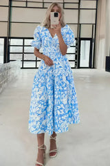 Sky Blue Floral Print Deep V Neck Puff Sleeve Flowy Dress - Femstylo