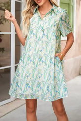 Green Floral Half Button Short Sleeve Mini Dress - Femstylo