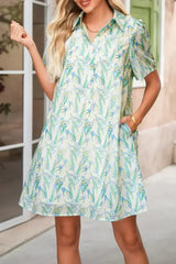 Green Floral Half Button Short Sleeve Mini Dress - Femstylo