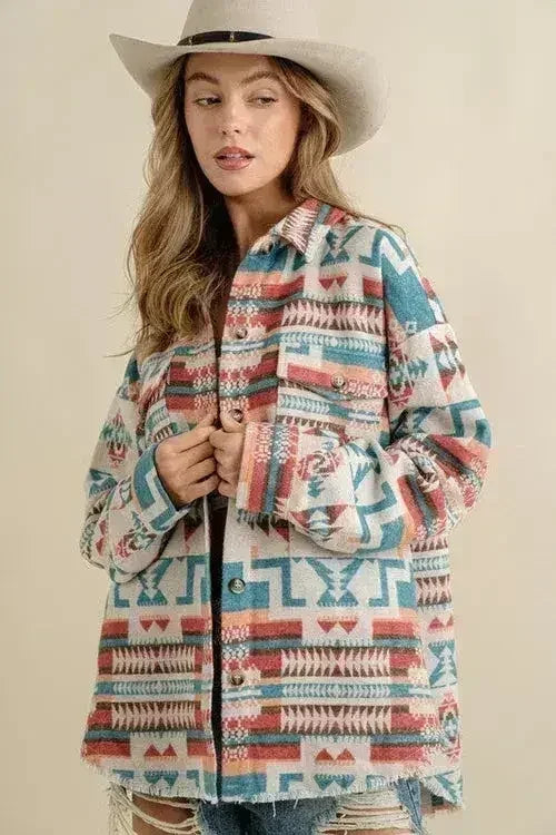 Frayed Aztec Western Shacket - Femstylo