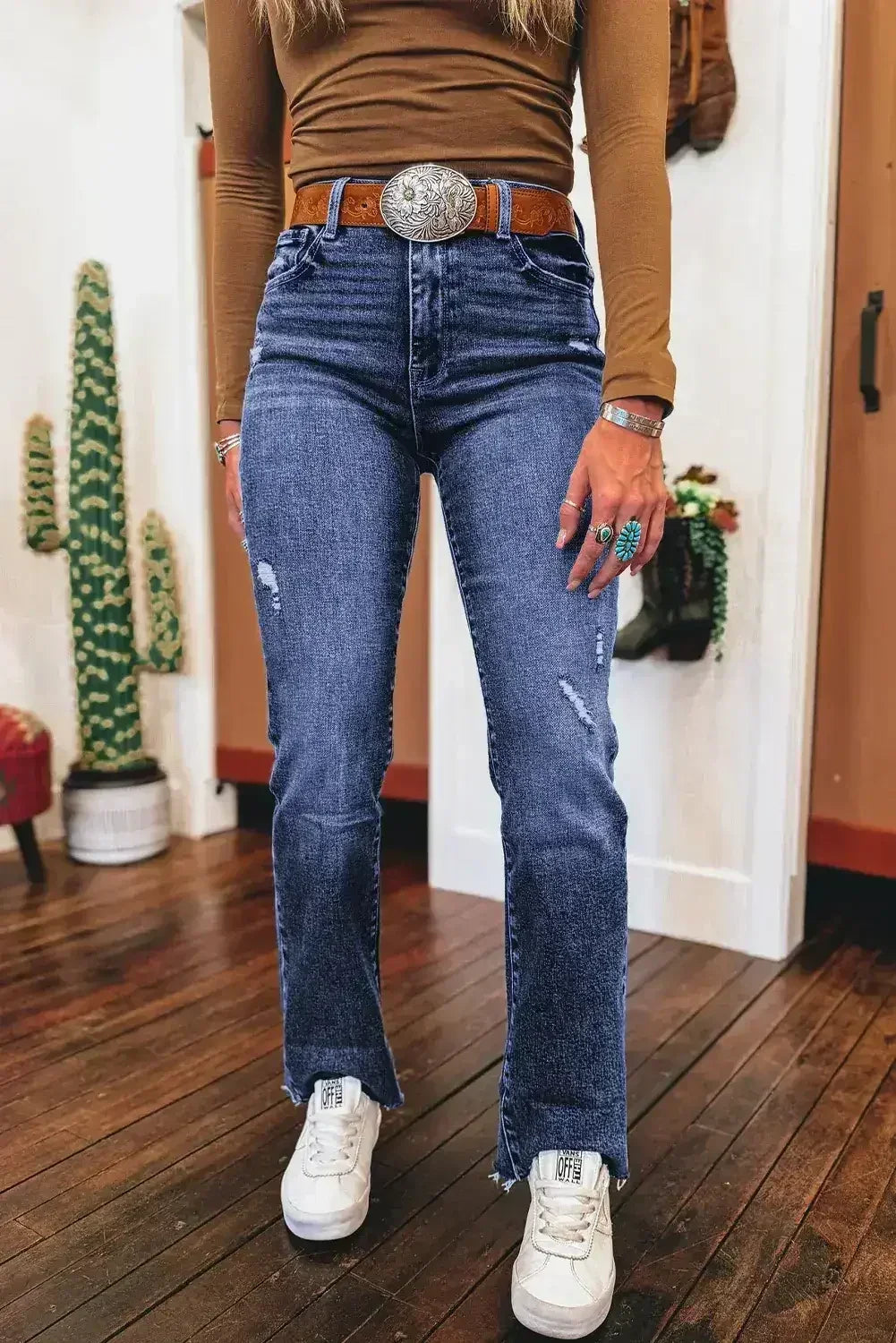 Real Teal Folded Cuffs Distressed High Waist Jeans - Femstylo