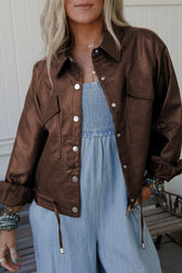 Chicory Coffee Flap Pocket Drawstring Hem Leather Jacket