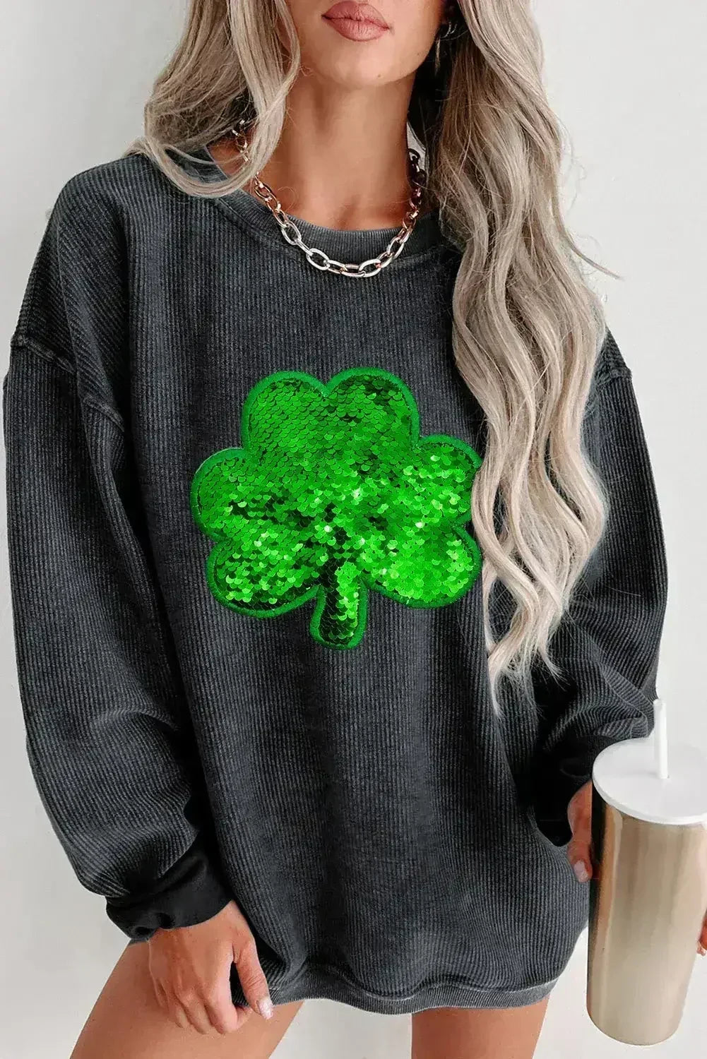 Black Sequin Embroidered Clover Corded Graphic Sweatshirt - Femstylo