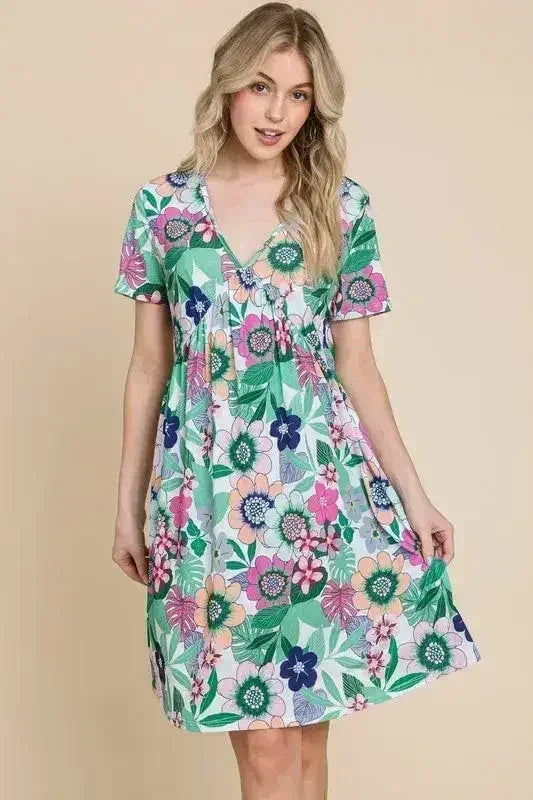 BOMBOM Ruched Floral V-Neck Short Sleeve Dress - Femstylo