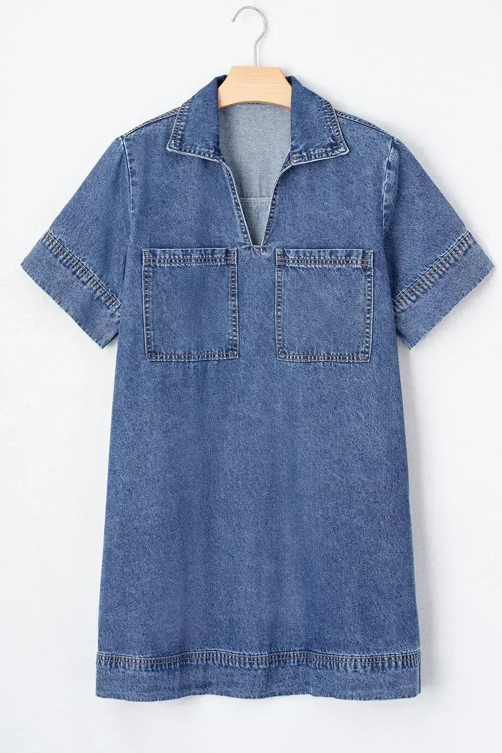 Beau Blue Short Sleeve Collared Chest Pocket Denim Mini Dress - Femstylo