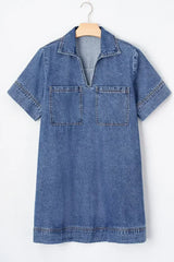 Beau Blue Short Sleeve Collared Chest Pocket Denim Mini Dress - Femstylo