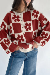 Red Dahlia Flower Colorblock Checkered Henley Sweater