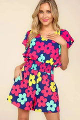 Haptics Floral Smocked Waist Romper with Side Pockets - Femstylo
