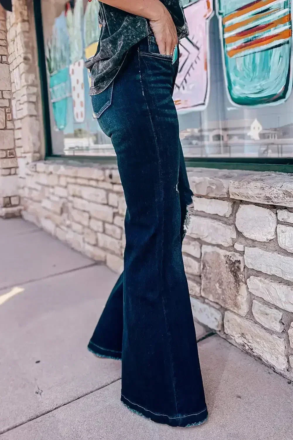 Real Teal High Rise Ripped Bell Bottom Jeans - Femstylo