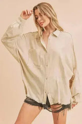 Aemi + Co Raw Edge Exposed Seam Collared Neck Long Sleeve Shirt - Femstylo
