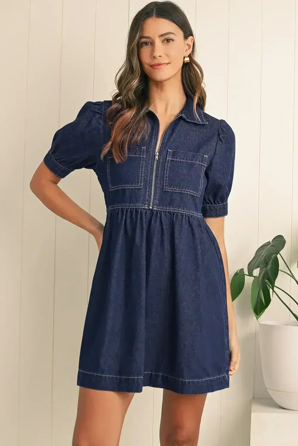 Dirty Blue Puff Sleeve Half Zipper Denim Flowy Dress - Femstylo