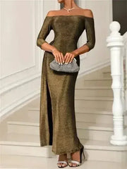 Slit Off-Shoulder Long Sleeve Midi Dress - Femstylo