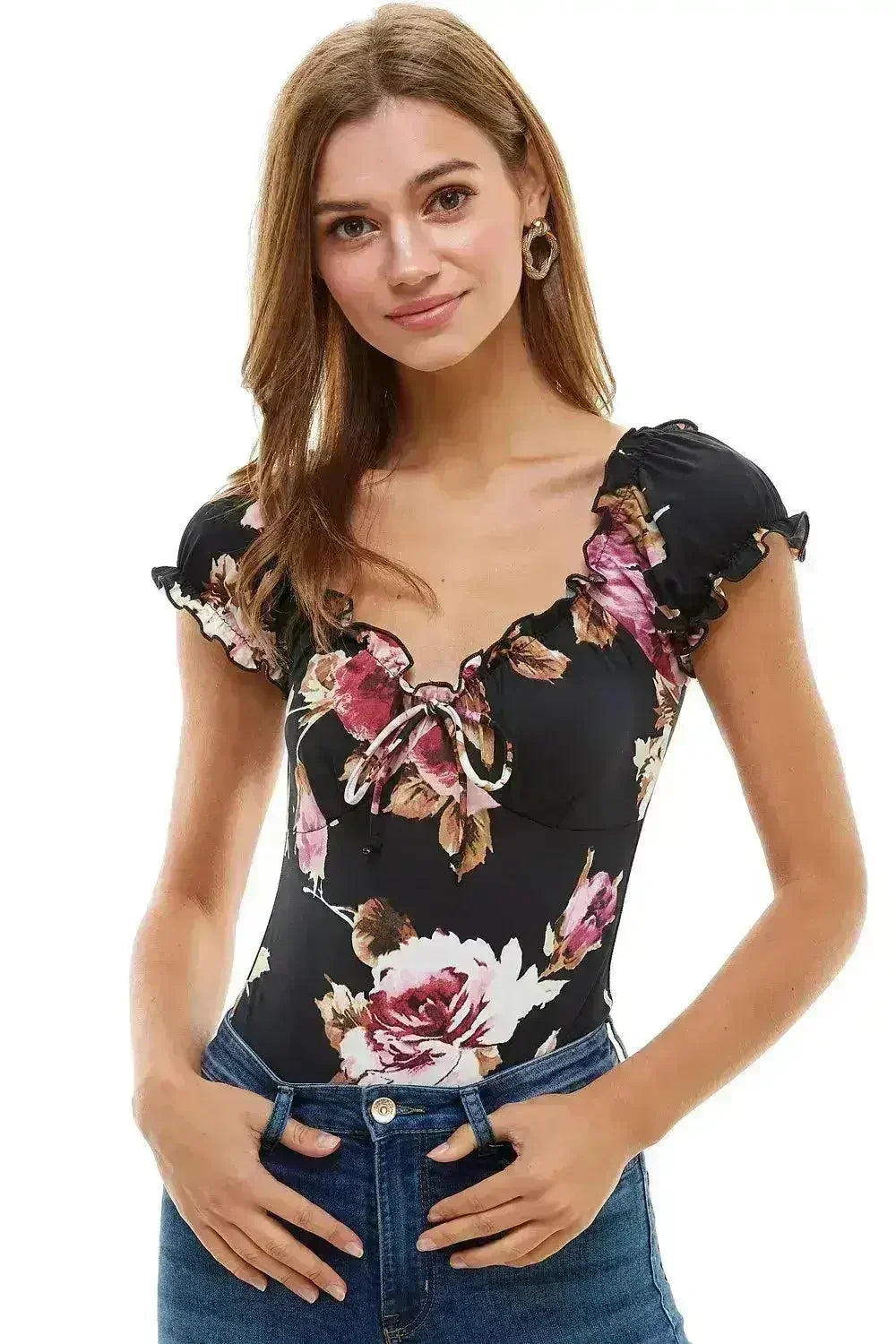 Floral Printed Peasant Style Bodysuit - Femstylo