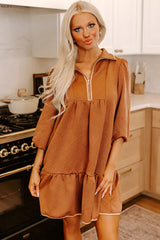 Desert Gold Quarter Zip Collar Bracelet Sleeve Textured Mini Dress