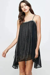 Chiffon A-Line Mini Dress with Metallic Fringe Detail - Femstylo