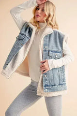 Aemi + Co Fake Two Pieces Denim Patch Sherpa Vest Coat - Femstylo